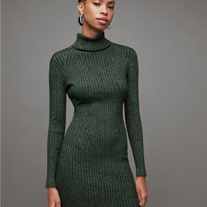 All Saints | Juliette Roll Neck Metallic Mini Dress | Sycamore Green